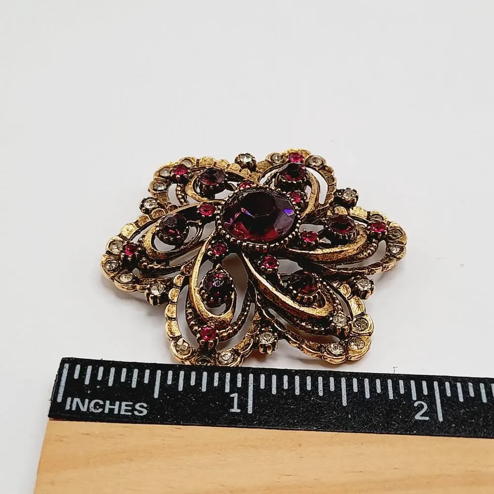 Vintage ART Arthur Pepper Rhinestone Brooch Purple Pink Clear Floral Design